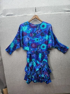 Vestido Vintage Gillian Seda Estampado Floral Volantes Con Cinturón Talla 14 Púrpura y Azul 3 Foto 1 de 4