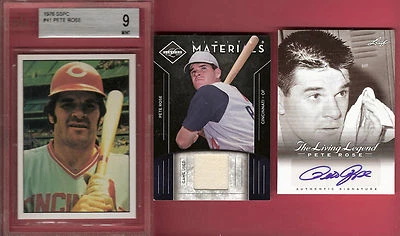 PETE ROSE AUTOGRAPH AUTO CARD + GAME USED JERSEY CARD +1976 SSPC CARD BGS MINT 9 - Image 1 of 2