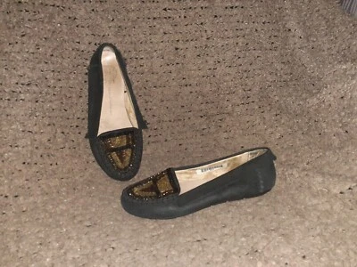 HOUSE OF HARLOW-1960 Millie-Mocasines con cuentas de gamuza negros-Talla 36/6-Excelente Foto 1 de 4