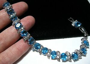 Beautiful Jewellery Glass Blue Topaz Tennis Bracelet Vintage Style Long