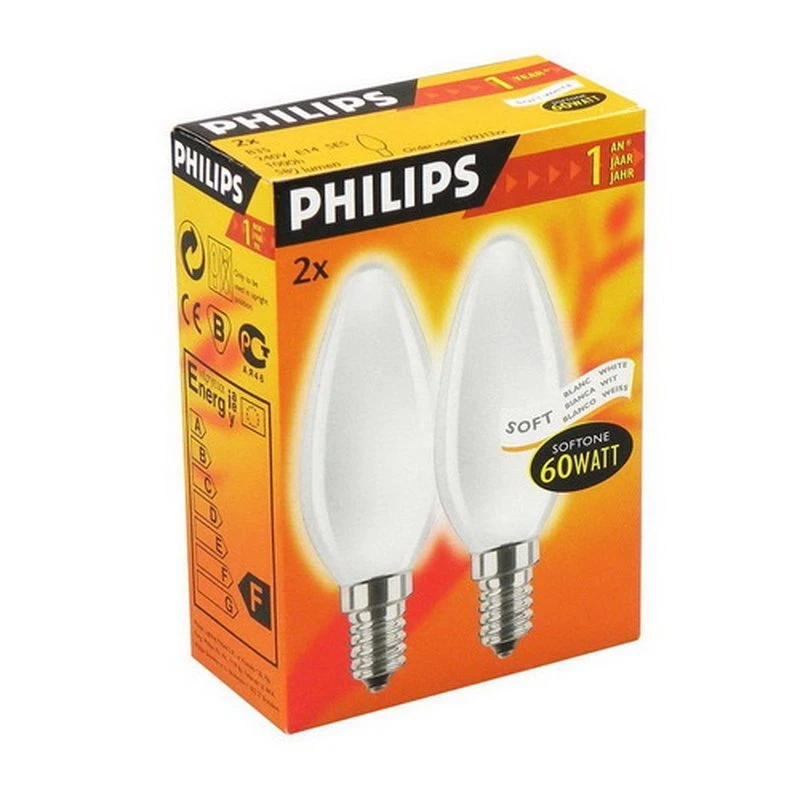 2x Philips Softone Candles 60W SES/E14 Opal Warm White 240v Dimmable - Image 1 of 1