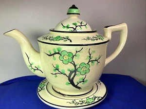 Rare 1920s Vintage Moriyama Green Cherry Blossom Tea Pot & Trivet Tray 317 - Picture 1 of 12