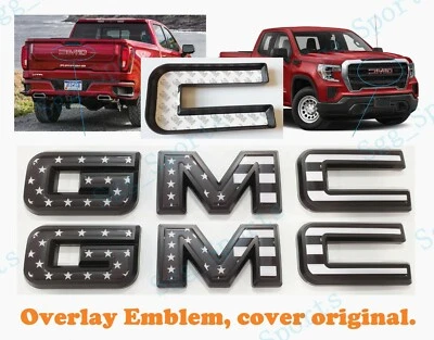 2019-2025 GMC Sierra 1500 2500HD 3500HD Front Rear Black USA Flag OVERLAY Emblem - Image 1 of 4