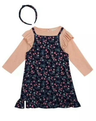 Nuevo con etiquetas Conjunto de 4 Vestido Jersey Floral Azul Marino Ediciones Raras Niñas Manga Larga Top Diadema Foto 1 de 2