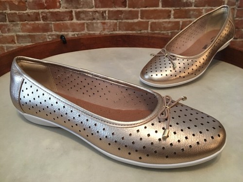 Flats Slip On Balletto Clarks Metallizzato Pelle Forata Gracelin Lea Nuove