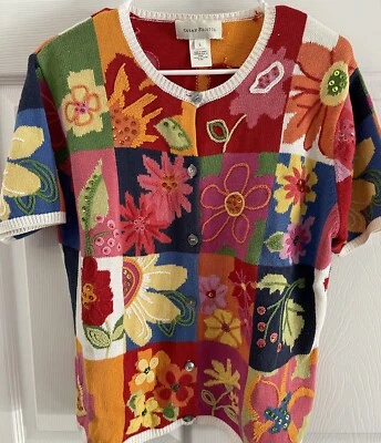 Susan Bristol Cardigan Floral Bouquet Short Sleeve Size Large - Image 1 of 3