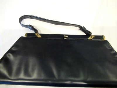 Bolsa de mão vintage vinil azul marinho, década de 1960, "asas" douradas na borda superior - Imagem 1 de 4