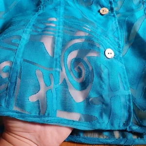 Chico's Talla 1 Camisa Chaqueta Cazadora Líneas Abstractas Transparente Artística Abotonada Azul - Imagen 1 de 12