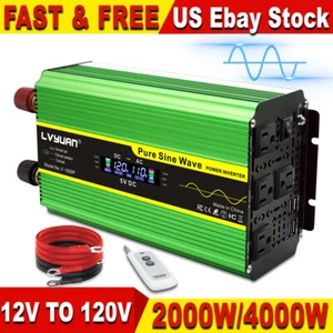 Pure Sine Wave Power Inverter 2000w 4000w Converter Dc 12v To Ac 110v Lcd Remote - Picture 1 of 10