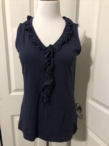 Esprit Navy Blue Ruffled Sleeveless V-neck Top 95% Cotton Women's Size XL NWOT - Picture 1 of 12