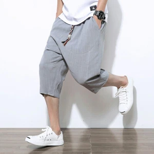 Mens Linen Capri Pants Shorts Drop Crotch Harem 3/4 Trousers Crop Elastic Waist - Picture 1 of 18