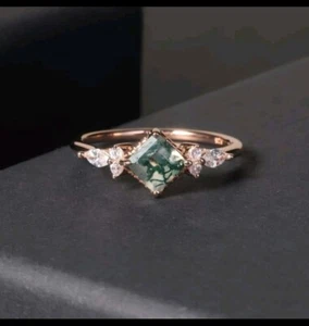 Sterling Silver Ring Moss Agate 925 Half Eternity Band Bridal Promise Rose Gold - Picture 1 of 7