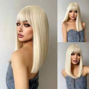 Pelucas sintéticas rubias de 18 pulgadas con flequillo peluca de cabello largo natural liso para mujer - Imagen 1 de 15