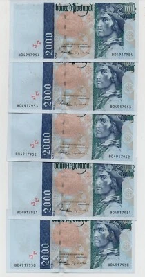 PORTUGAL 5 X 2000 ESCUDOS 1997 PICK 189 AUNC CONSECUTIVE NUMBERS - Image 1 of 2