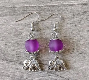 Handmade Silver Elephant Purple Frosted Glass Drop Dangle Earrings - Picture 1 of 3