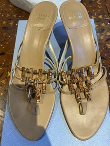 Stuart Weitzman Open Toe Brown Sandals / Swarovski Crystals/ Leather Preowned 9 - Picture 1 of 8