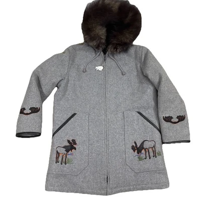 Vintage Northern Sun Gray Wool Parka Coat Mens 48 Fur Trim Hood Winter Moose XL - Image 1 of 4