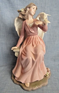 LARGE O` WELL PORCELAIN LARGE 10-1/2" ANGEL  PINK ROBE AND HOLDING A WHITE DOE - Picture 1 of 6
