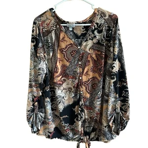Avenue Womens Plus Size Blouse 18/20 Paisley Patchwork Tie Front Bohemian - Picture 1 of 8