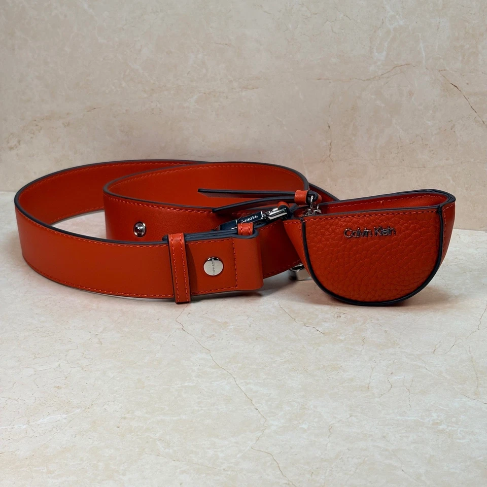 Calvin Klein Chipre Naranja Cuero Cartera Correa Bolso Bolsa Conjunto Plateado Herrajes Foto 1 de 4