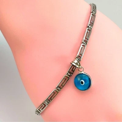 Hermoso Brazalete Llave Griega Plata de Ley 925 con Dije de Vidrio Mal de Ojo Azul Foto 1 de 4