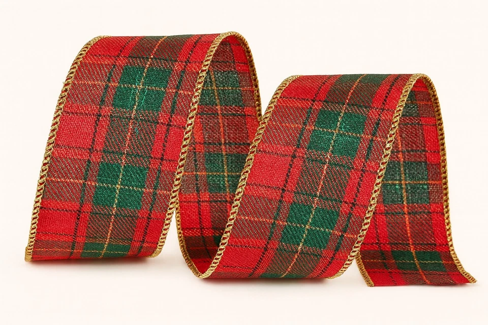 Cinta con cable de 2,5" Cinta a cuadros de Navidad ~ Cinta de borde dorado ~ ROLLO de 5 yardas Foto 1 de 1