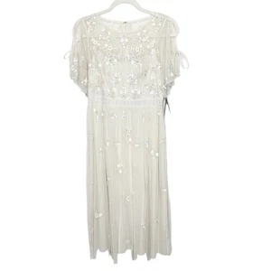 Vestido Midi Adrianna Papell Nuevo con Etiquetas Perla Crema Cuentas Lentejuelas Flutter Mangas Transparentes - Imagen 1 de 9