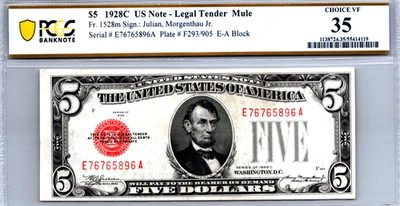$5 1928-C Legal Tender MULE (FANCY SERIAL E55663450A) PCGS 35 CVF Fr. 1528m - Image 1 of 3