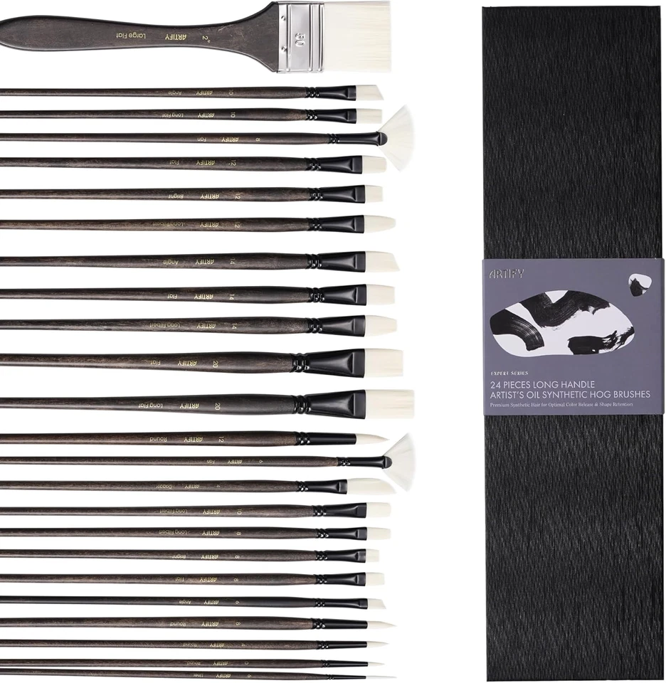 ARTIFY Artists' Oil Synthetic Hog Hair Paint Brush Set, 24 Pieces Long Handle Ha - Image 1 of 4