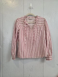 Ann Taylor LOFT Red White Striped LS Ruffle Boho Cotton Button-Up Top Size XS - Picture 1 of 12