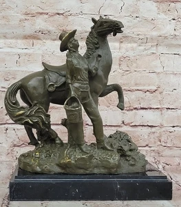 Bronze Cowgirl Figurine with Horse Holding Bucket Sculpture Statue Signed Art - Picture 1 of 10