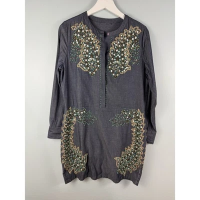Antik Batik Beaded Alice Djellabah Chambray Shirt Dress Sz 40 M 8 Bohemian Artsy - Image 1 of 4