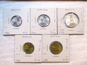 1960 Tunisia 1,2,5,10,20 Millime 5 Coins unc Coin Set - Picture 1 of 15