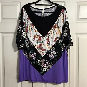 Top girocollo CELESTE 1XL viola nero bianco floreale manica corta elasticizzato nuovo senza etichette - Foto 1 di 6