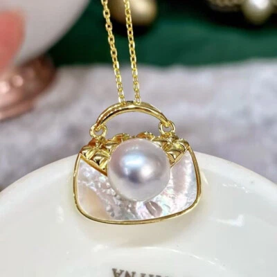 gorgeous 9-10mm south sea round white pearl pendant 925s（mj) - Image 1 of 4