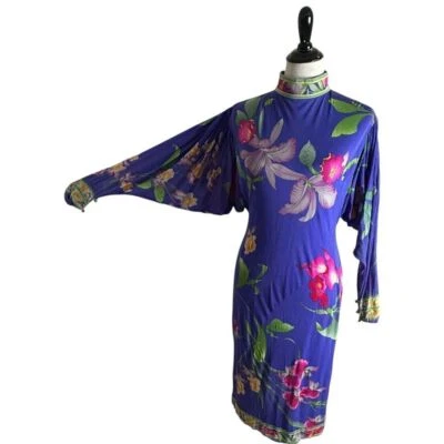 Vestido Leonard Moda Seda Floral Cuello Simulado Estampado Orquídea Ala de Murciélago Mangas Mujeres S Foto 1 de 4