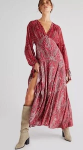 NWT FREE PEOPLE Mirage Paisley Sheer Sleeve Empire Maxi Dress Sz 8 Red $198 - Picture 1 of 10