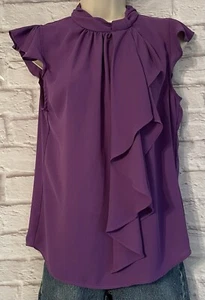 NY & Co Purple Top Blouse sz Small Tall High Neck w/ Flounce Sleeveless Keyhole - Picture 1 of 8
