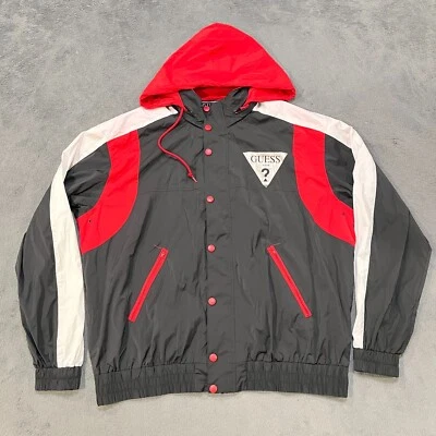 Guess Los Angeles 黑色红色纽扣风衣连帽夹克男式 XL 码 — 第 1/4 张图片