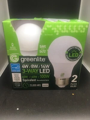  Greenlite A19  3 Way Light Bulbs 40/60/100 Watt LED 3000K. 2 PK. - Image 1 of 4