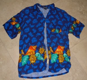 Nice Looking Rayon Blue Button Front Shirt w Sea Shells Men's M Med Made in USA - Picture 1 of 3