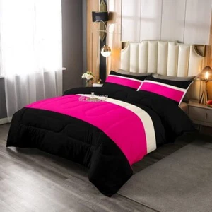 Patchwork Striped Comforter Set Hot Pink Black Stripes Bedding Sets Aesthetic - Picture 1 of 4
