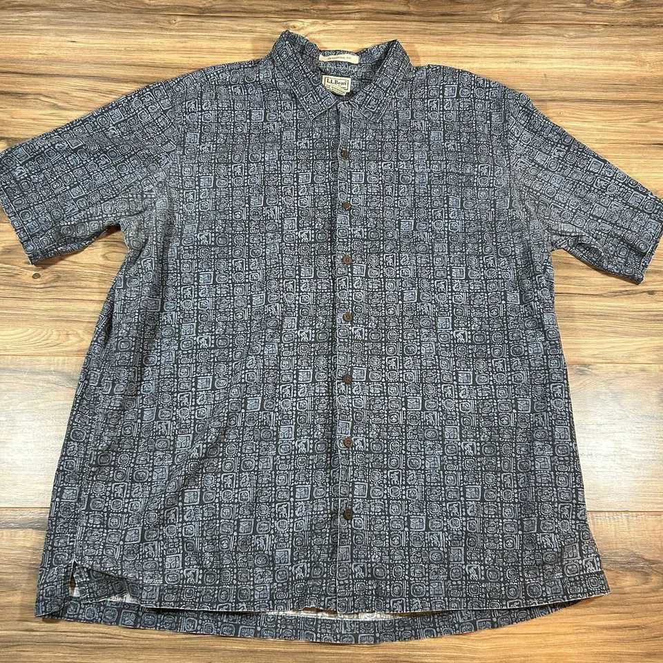 LL Bean Mens XL Tall |Blue| Short Sleeve Aztec All Over Print Button Up Shirt - Image 1 of 4