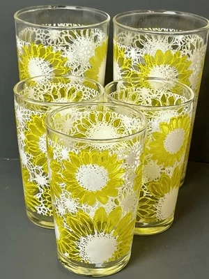 Vasos de jugo Hazel Atlas vintage raros margarita soleado flores amarillas diferentes tamaños Foto 1 de 4
