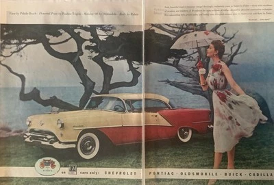 1954 Oldsmobile Holiday 98 PRINT AD Pebble Beach Parasol Woman Red Head VTG 50s - Image 1 of 4