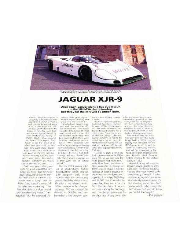1988 Jaguar XJR-9 Race Car - Profile - Original Car Review Print Article J398 - Image 1 of 1