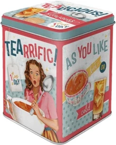 Vintage Style Retro Tea Caddy Square Hinge Lidded Storage Tin - TEALICIOUS - Picture 1 of 3
