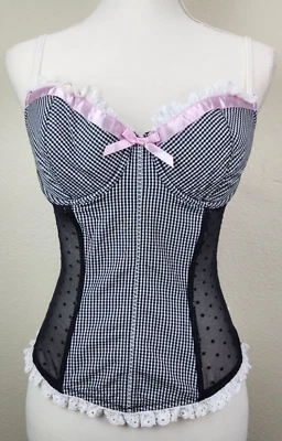 Inteligente y Sexy Corsé Negro Blanco A Cuadros Talla 36D Rosa Satinado Lazo Blanco Volantes Foto 1 de 4