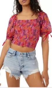 NWT Free People Smocked Floral Printed Puff Sleeve Square Neck Blouse M Boho - Picture 1 of 13