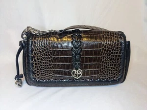BRIGHTON Brown Leather Bag Purse Black Trim Nickel Heart Gator Croc Skin H40999 - Picture 1 of 13